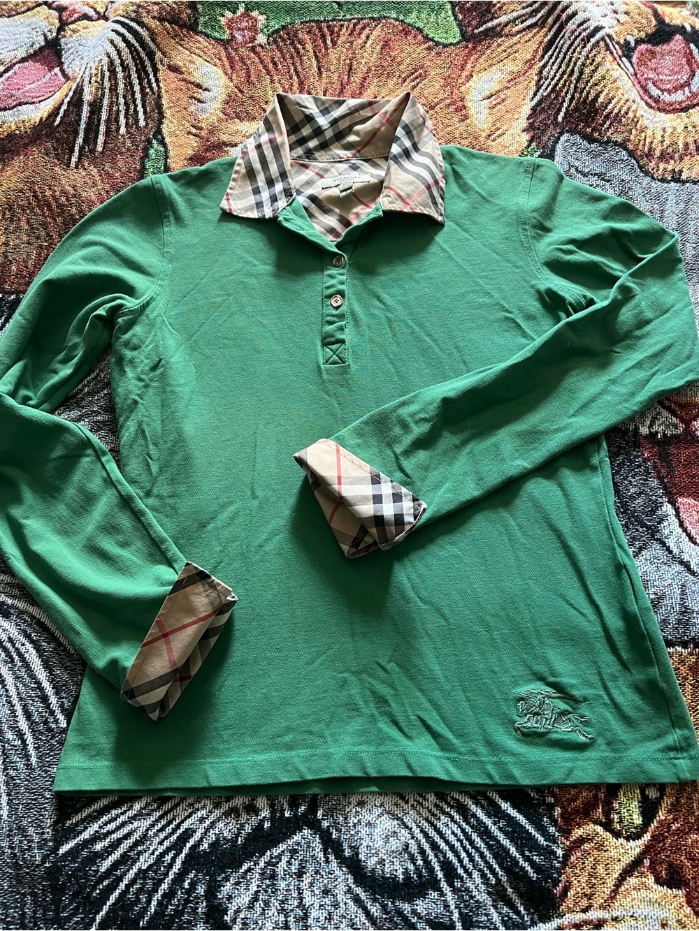 Vintage Burberry Green Long-Sleeve Polo Shirt with Plaid Trim
